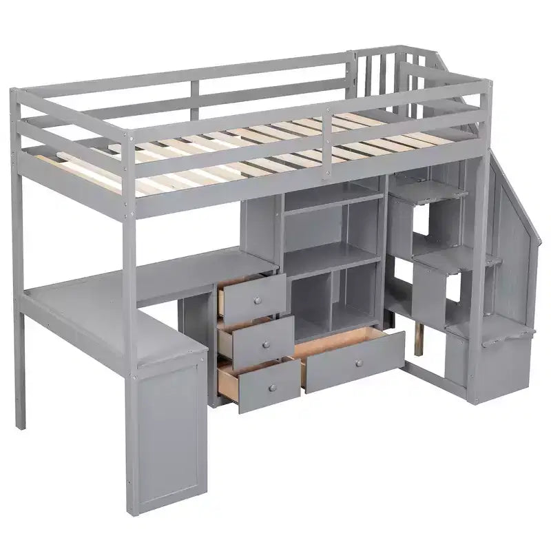 Lit mezzanine simple avec bureau en L, 3 tiroirs, armoire, rangement sous l’escalier, structure en pin massif/MDF