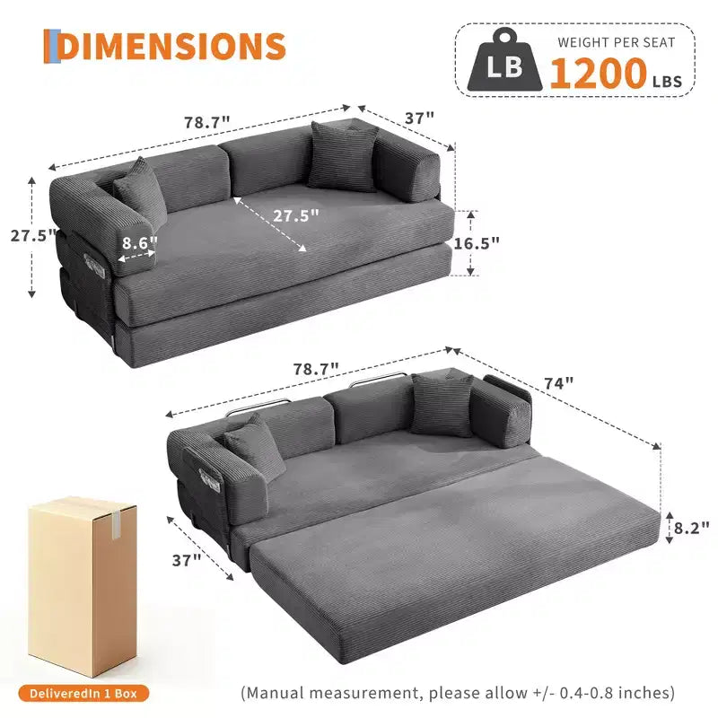 Modernes 79-Futon-Schlafsofa aus Cord für kleine Räume, 5-in-1-Couch mit abnehmbaren Armlehnen und Kissen