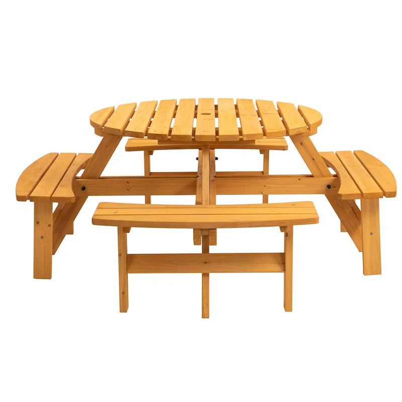 Ensemble de pique-nique rond en bois de sapin pour terrasse extérieure, pour 8 personnes, avec 4 bancs intégrés et un trou pour parasol