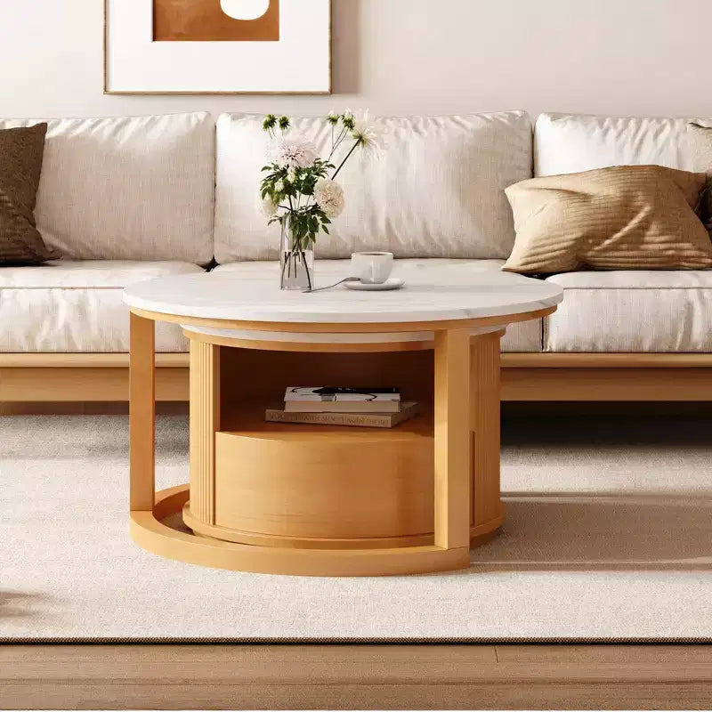 Moderner Satztisch-Couchtisch mit Schublade, runder Wohnzimmertisch mit Stauraum