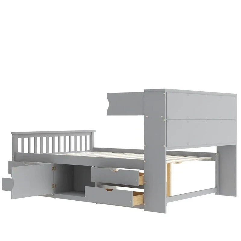 Letto a piattaforma Captain singolo/matrimoniale con 4 cassetti e ripiani contenitori, struttura in legno massello con testiera libreria contenitore
