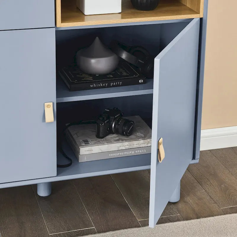 Multifunktionaler Aufbewahrungsschrank mit Tür, modernes Sideboard, Aufbewahrungsschrank aus Holz, Schubladenschrank mit Ledergriffen