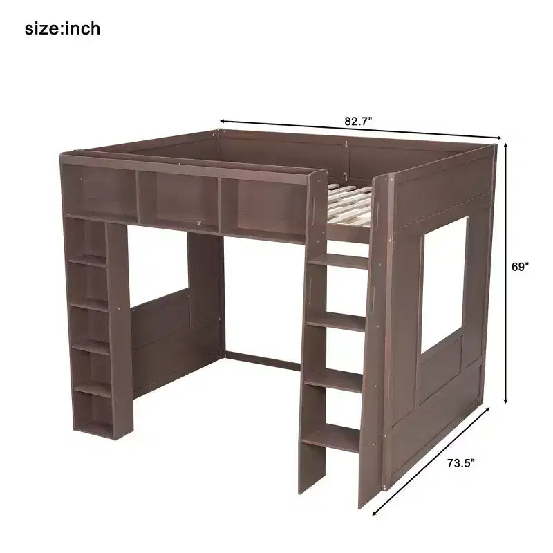 Whisen-Hochbett aus Holz in Queen-Size mit Stauschränken und Regalen