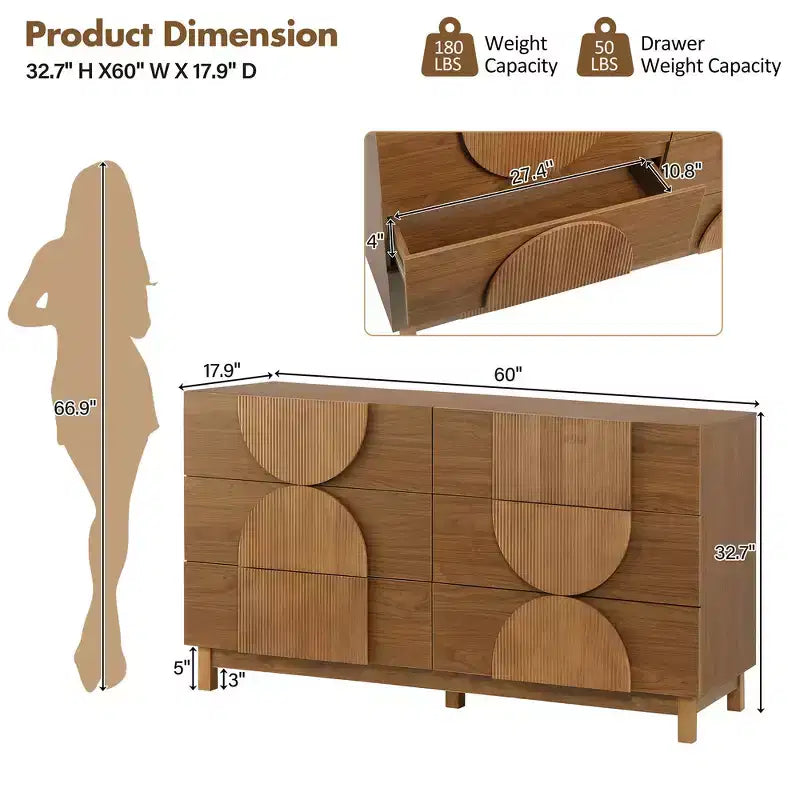 Moderne geometrische Kommode mit 6 Schubladen, breiter Stauraumschrank mit Halbkreismuster für Schlafzimmer und Wohnzimmer