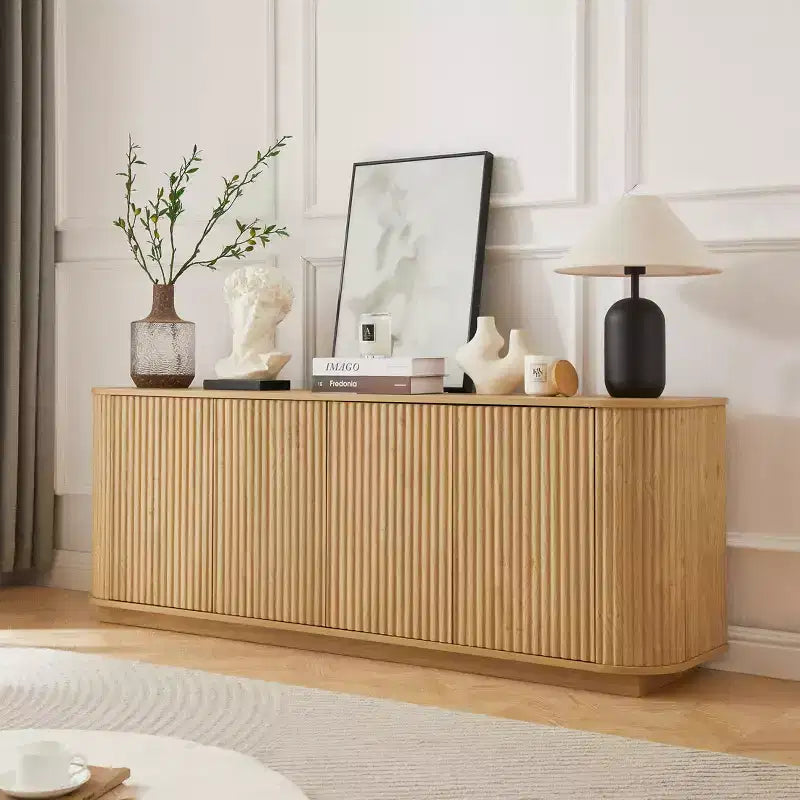 Buffet JVNOXK à grain de bois ondulé, rayures verticales, meuble TV, adapté à une chambre ou une entrée. Bois naturel, 64W  15D  24H