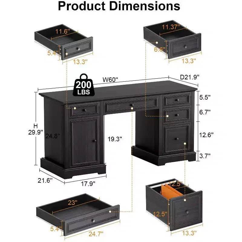 Dyonery 60-Zoll-Schreibtisch im Landhausstil mit Schubladen und Aktenschrank, Schreibtisch aus Holz mit geprägter Struktur fürs Homeoffice, Schwarz/Braun/Weiß und Braun