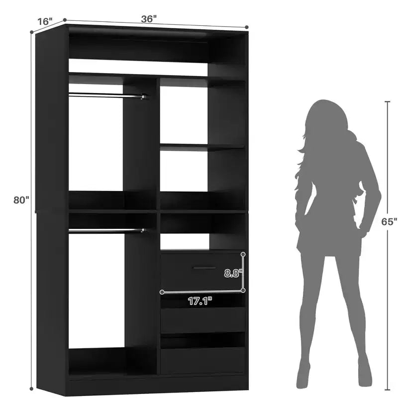 Organizer per armadio con cassetti in legno, sistema guardaroba indipendente con aste appendiabiti