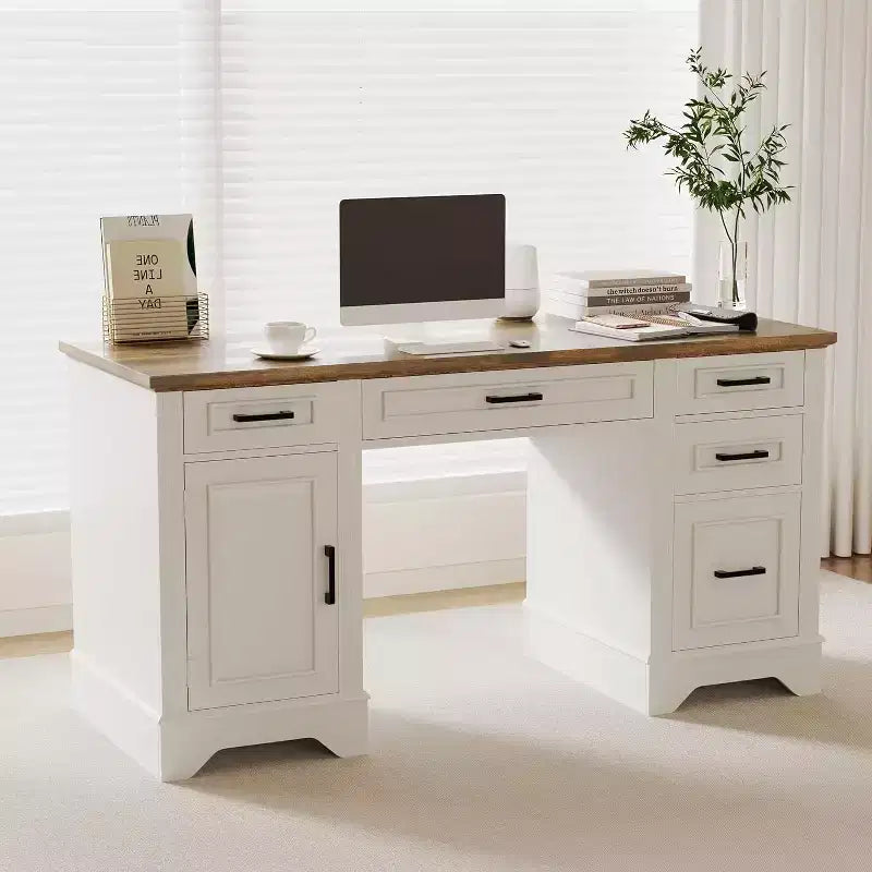 Schreibtisch im Landhausstil fürs Homeoffice mit Stauraum, Holzschreibtisch mit 5 Schubladen und Schrank, rustikaler Computertisch für Wohnzimmer, Schlafzimmer und Arbeitszimmer