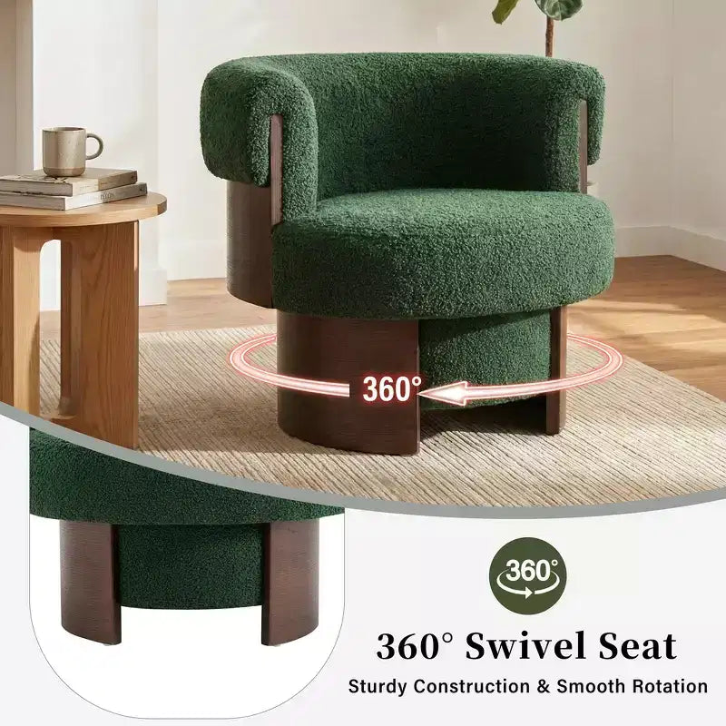 Whisen 360° draaibare kuipstoel met sculpturaal gebogen houten ontwerp, massief houten frame, 32 inch breed, veelzijdig voor woonkamer en slaapkamer