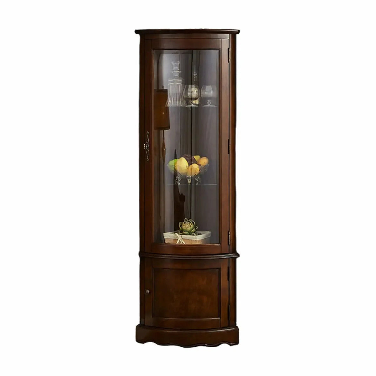 Klassischer brauner Eckschrank aus Gummibaumholz mit Glastür