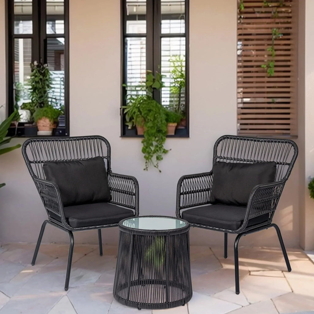 3-teiliges Outdoor-Bistroset aus Korbgeflecht, wetterfeste Rattan-Gartenmöbel mit Stühlen und Kissen