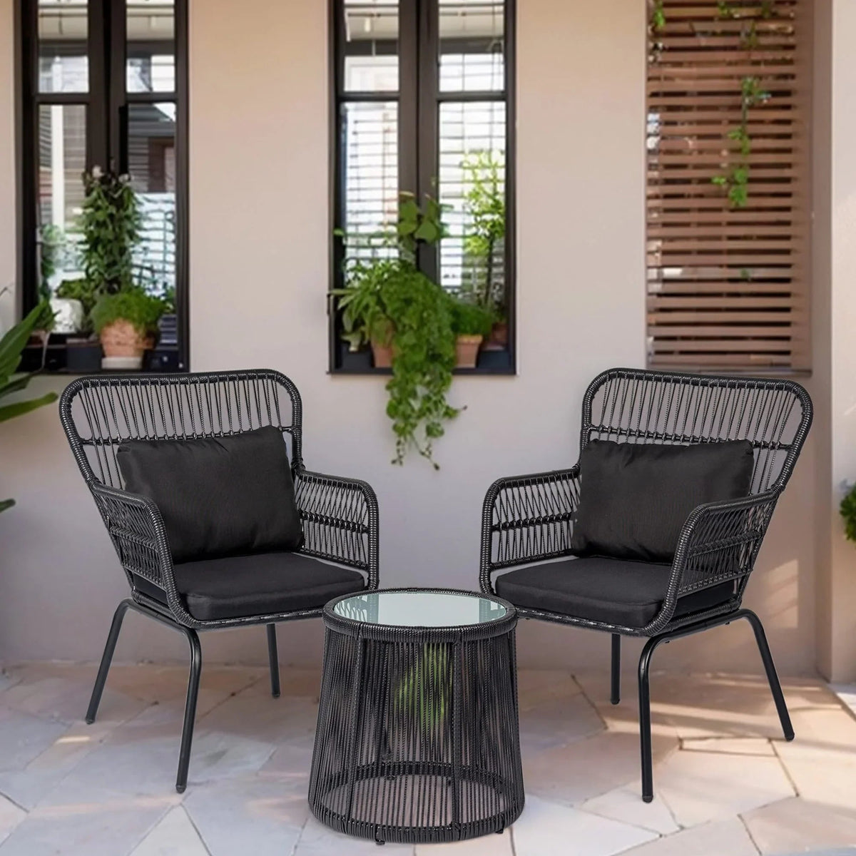 Ensemble bistro de jardin en osier de 3 pièces, ensemble de fauteuils de patio en rotin toutes saisons avec coussins