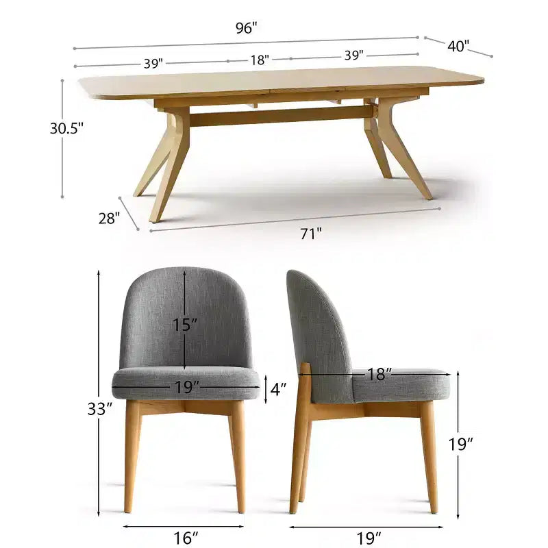Eetkamerset met 7 delen, uitschuifbare tafel van 78-96 met schraagonderstel en gestoffeerde stoelen met poten van massief hout-Panipeachy