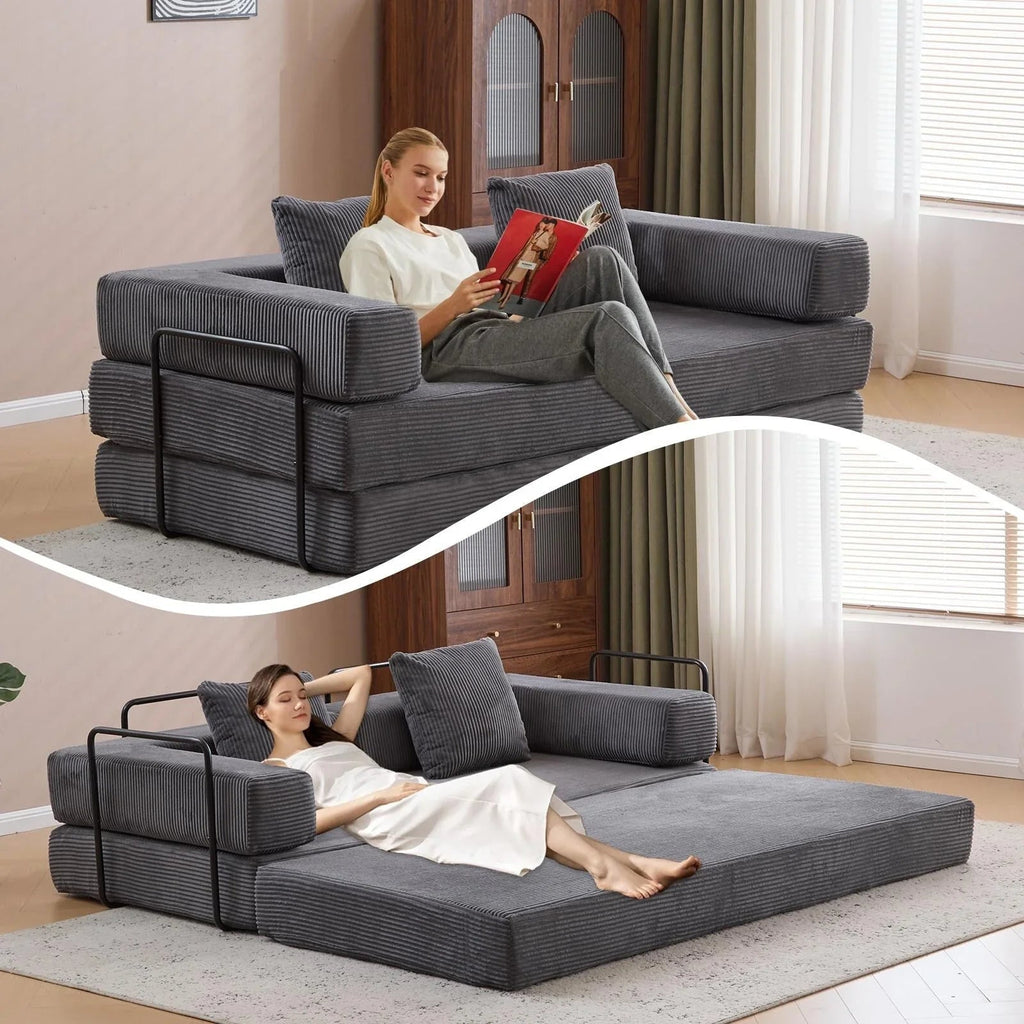 Canapé-lit convertible de sol avec dossier à coussins en tissu chenille, pour salon et chambre