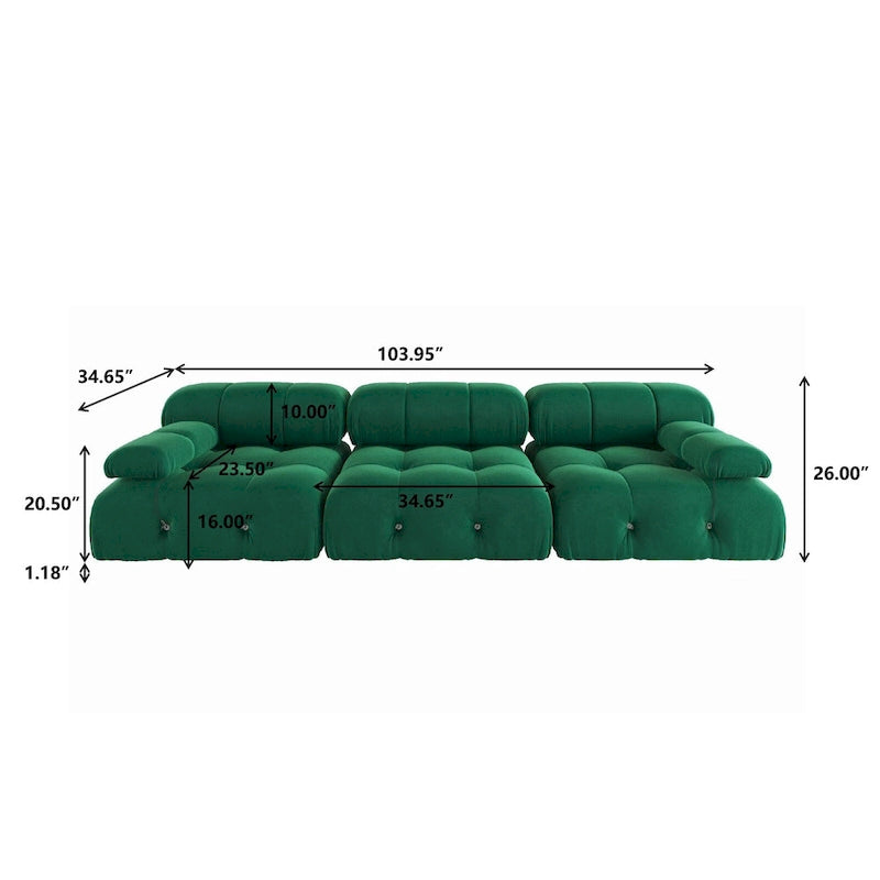 Modulares Samtsofa mit 3 Sitzplätzen, beidseitig montierbar