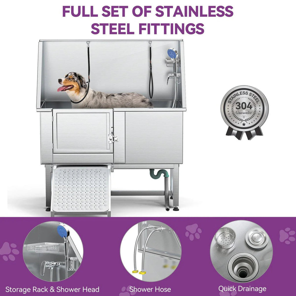 Baignoire de toilettage réglable pour animaux en acier inoxydable, largeur 50 W, avec marches et rampe