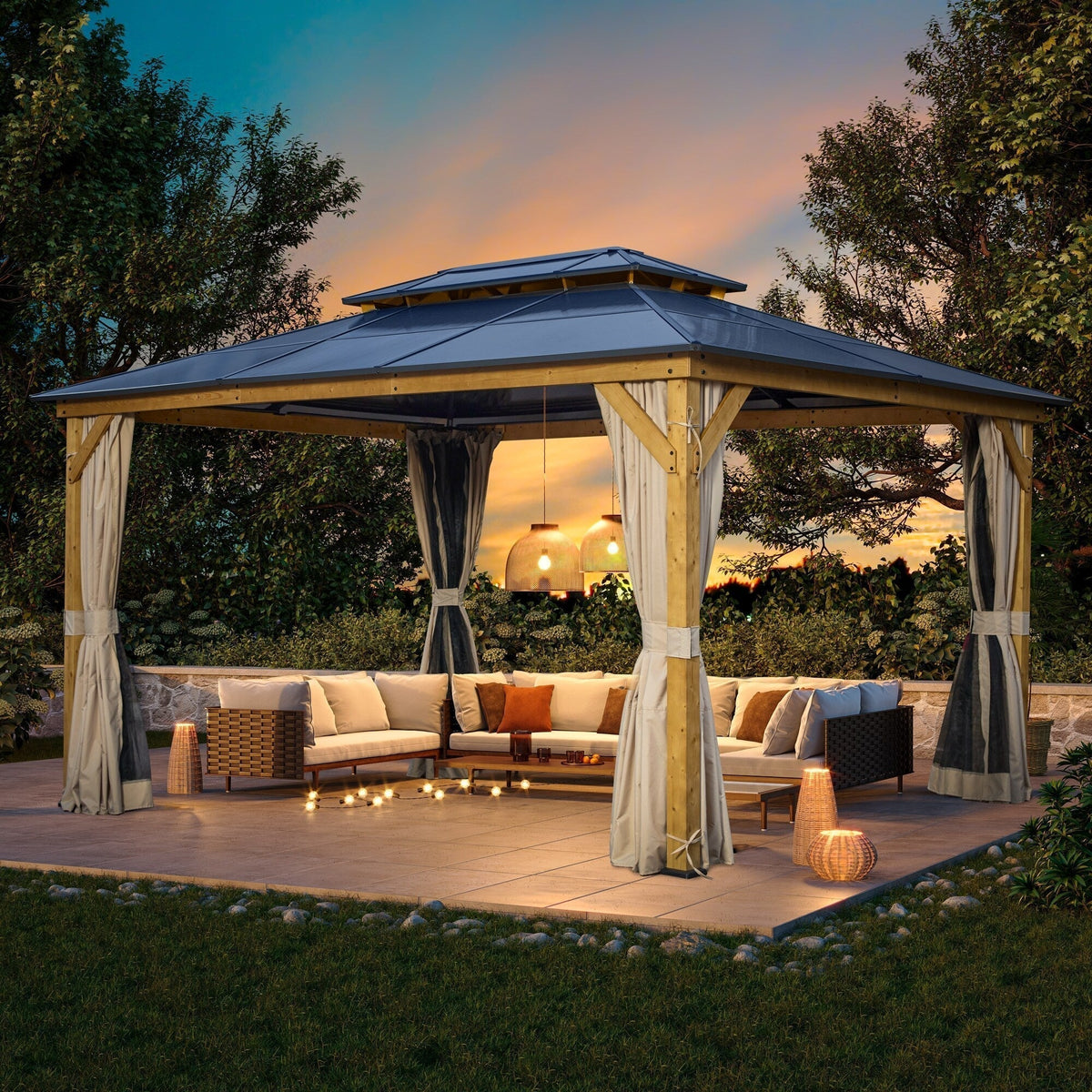 EROMMY hardtop-paviljoen, pergola voor buiten met dubbel dak, netten en gordijnen, extra stevig zonnescherm voor terras, achtertuin en zwembadfeest