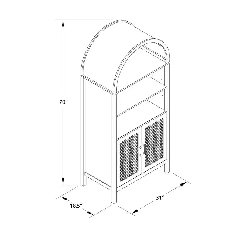Vitrine bohème à portes cintrées avec 2 portes en faux rotin, 5 étagères réglables pour salon ou cuisine, beige