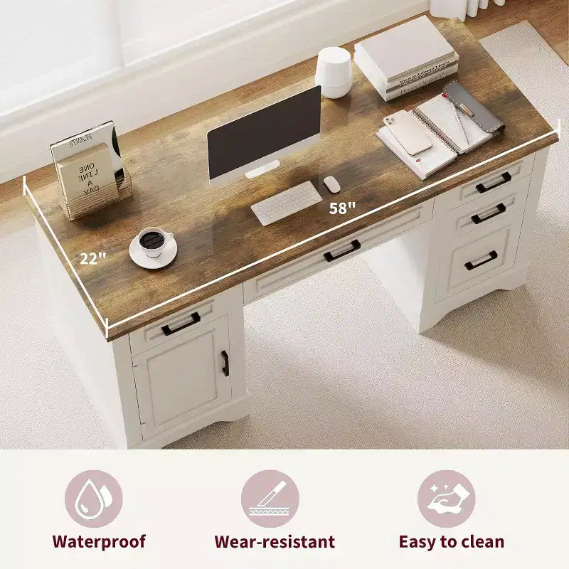 Schreibtisch im Landhausstil fürs Homeoffice mit Stauraum, Holzschreibtisch mit 5 Schubladen und Schrank, rustikaler Computertisch für Wohnzimmer, Schlafzimmer und Arbeitszimmer