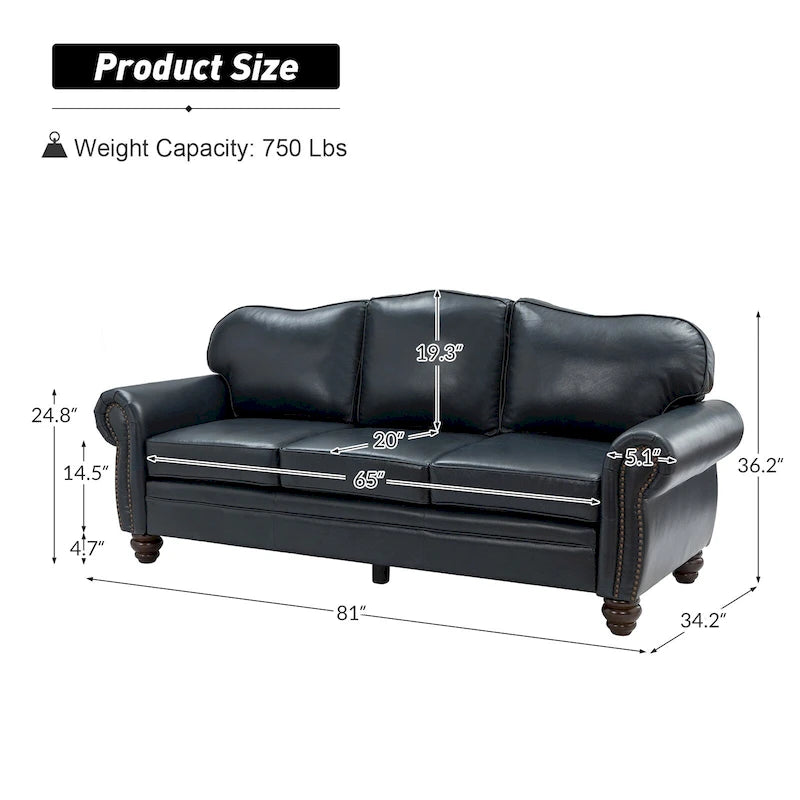 Balvino Sofa mit 81 cm Breite, im Übergangsstil, aus echtem Leder, mit gerollten Armlehnen, Nagelkopfbesatz und abnehmbaren Kissen