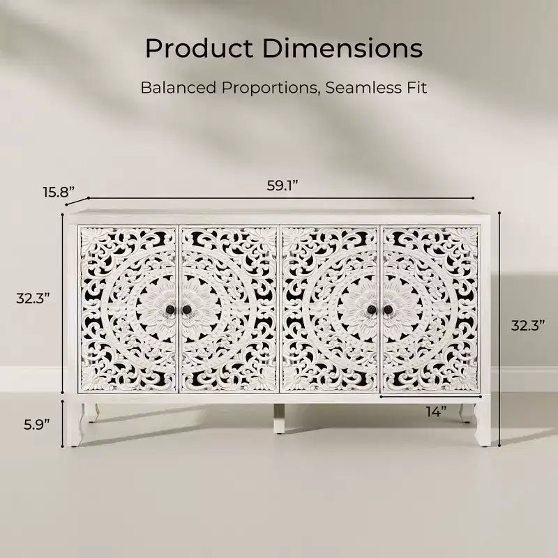 Credenza con contenitore, mobile contenitore dall'aspetto vissuto con 4 ante intagliate e ripiano regolabile, credenza decorativa in legno