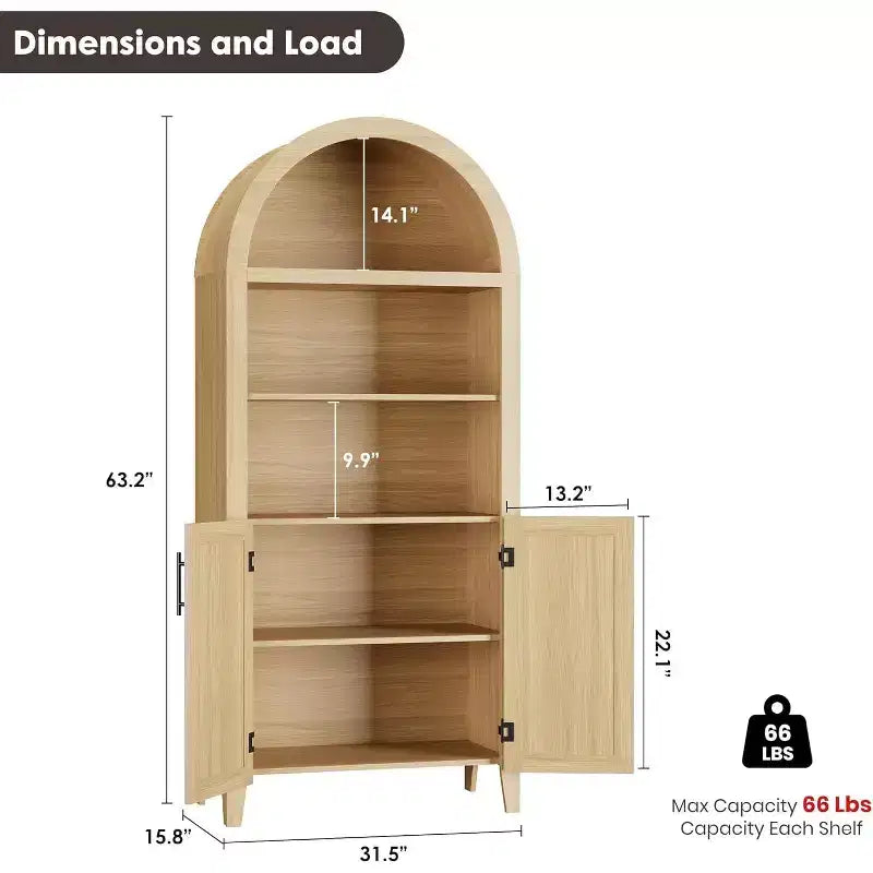 Acekool Vorratsschrank mit Rundbogen und Rattantüren, 5-stufiger Aufbewahrungsschrank im Landhausstil für Küche, Esszimmer und Wohnzimmer