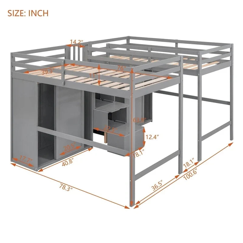 Lits mezzanine doubles jumeaux avec armoires et escalier