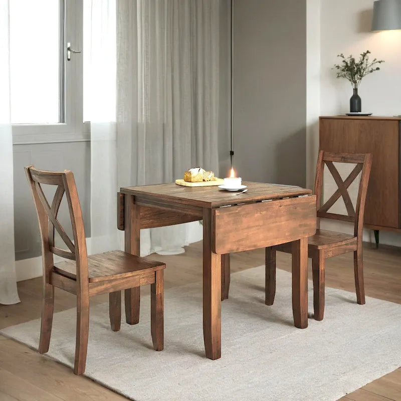 Ensemble de table de petit-déjeuner en bois à abattants, 3 pièces, avec 2 chaises à dossier en X, pour petits espaces