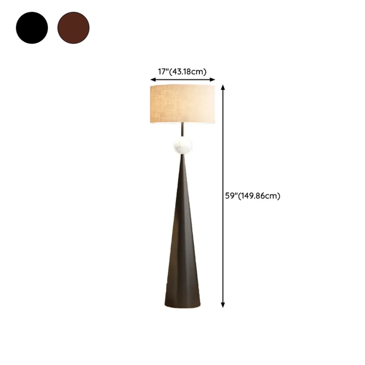 Moderne metalen vloerlamp met taps toelopende voet en stoffen kap