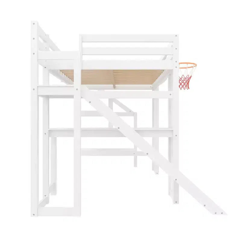 Luxystar großes Hochbett aus Holz mit Schreibtisch, Rutsche, Basketballkorb und Aufbewahrungstreppe für Kinder und Jugendliche