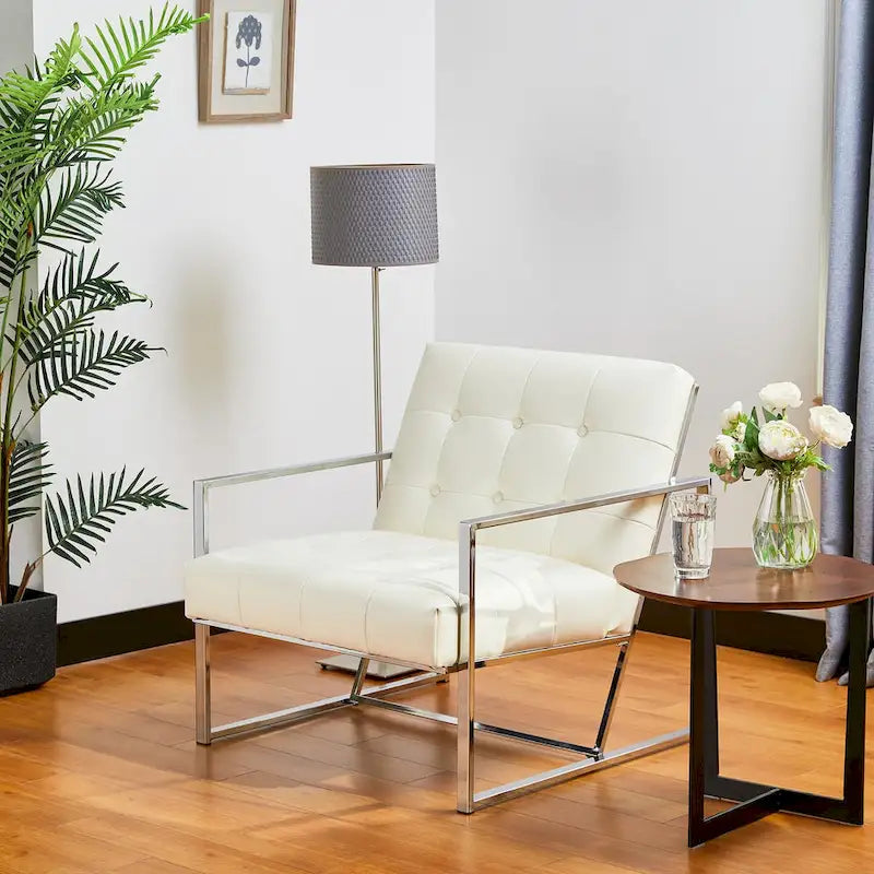 Fauteuil d’appoint Glitzhome crème de style mi-siècle moderne, revêtement en cuir PU capitonné et structure chromée, hauteur de 30.50