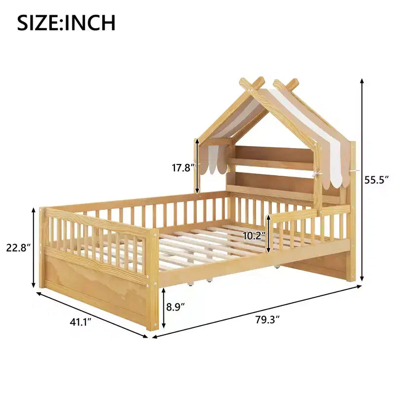 ModernLuxe houten huisbed in twin-/full-size met opbergvak in het hoofdbord, bedframe van massief grenenhout voor kinderen met veiligheidsleuningen