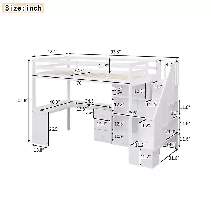 Lit mezzanine simple avec bureau en L, 3 tiroirs, armoire, rangement sous l’escalier, structure en pin massif/MDF