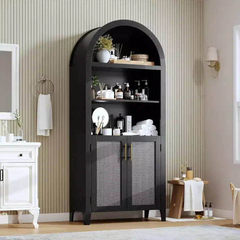 Acekool Vorratsschrank mit Rundbogen und Rattantüren, 5-stufiger Aufbewahrungsschrank im Landhausstil für Küche, Esszimmer und Wohnzimmer