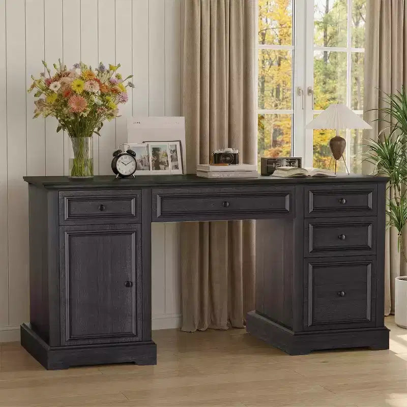 Scrivania direzionale stile rustico da 60 per ufficio domestico - scrivania in legno con cassetti e vani contenitori, scrivania rustica per lavorare o studiare