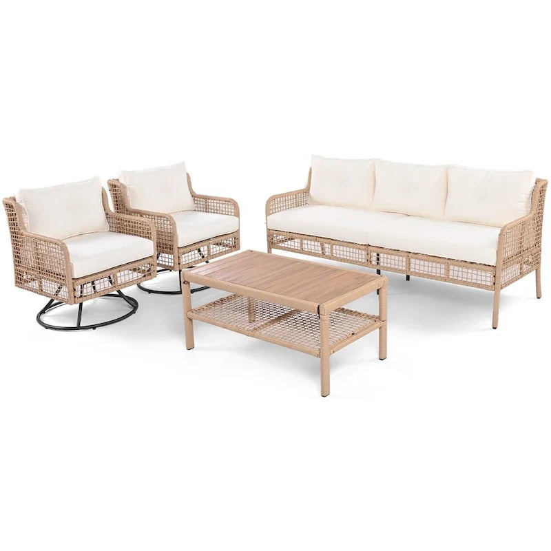 4-delige loungeset van rotan voor buiten met draaibare stoelen en salontafel