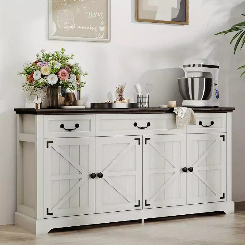 Dyonery 60-Zoll-Schreibtisch im Landhausstil mit Schubladen und Aktenschrank, Schreibtisch aus Holz mit geprägter Struktur fürs Homeoffice, Schwarz/Braun/Weiß und Braun
