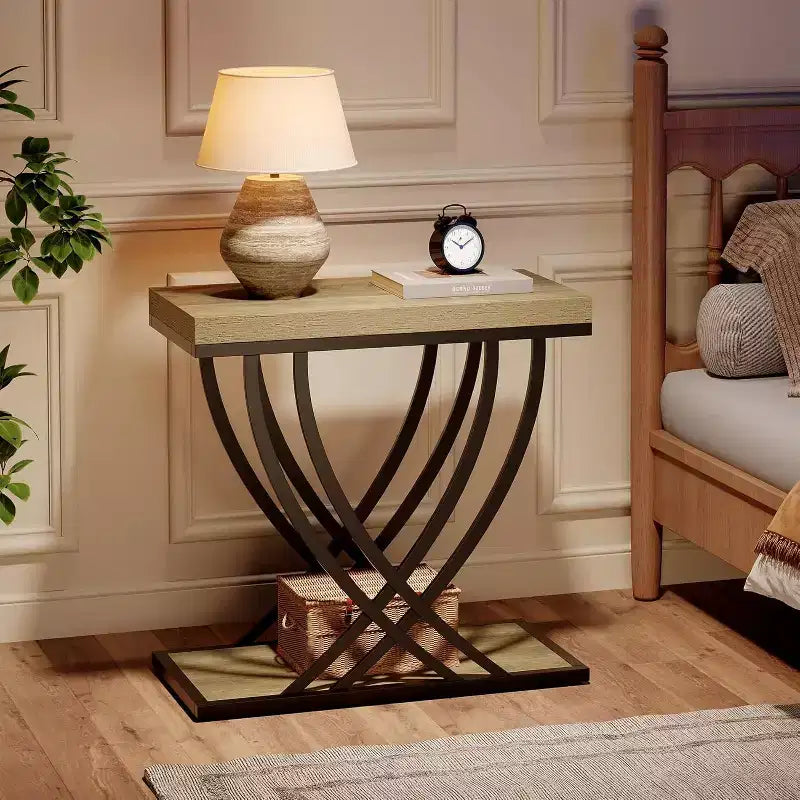 Table d’appoint à 2 niveaux, étroite, pour le salon, tables de chevet industrielles avec cadre en métal pour chambre, canapé, petits espaces, grise