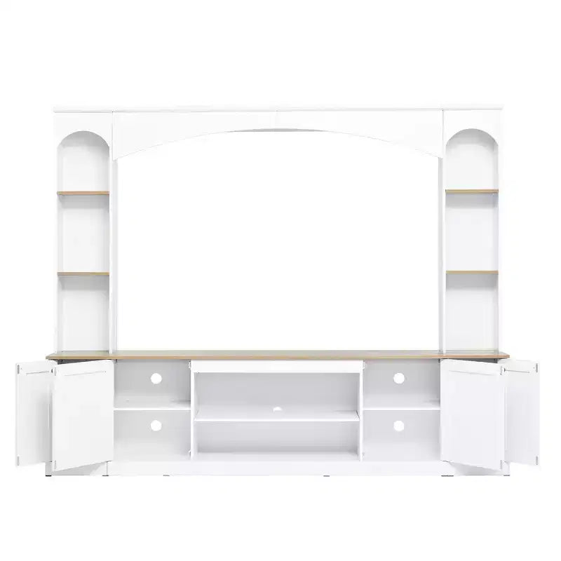Whisen 91 Medienkonsole, geschwungene Entertainment-Center-Wandeinheit, TV-Schrank im Landhausstil mit Bücherregal in Holzoptik für Fernseher bis zu 70
