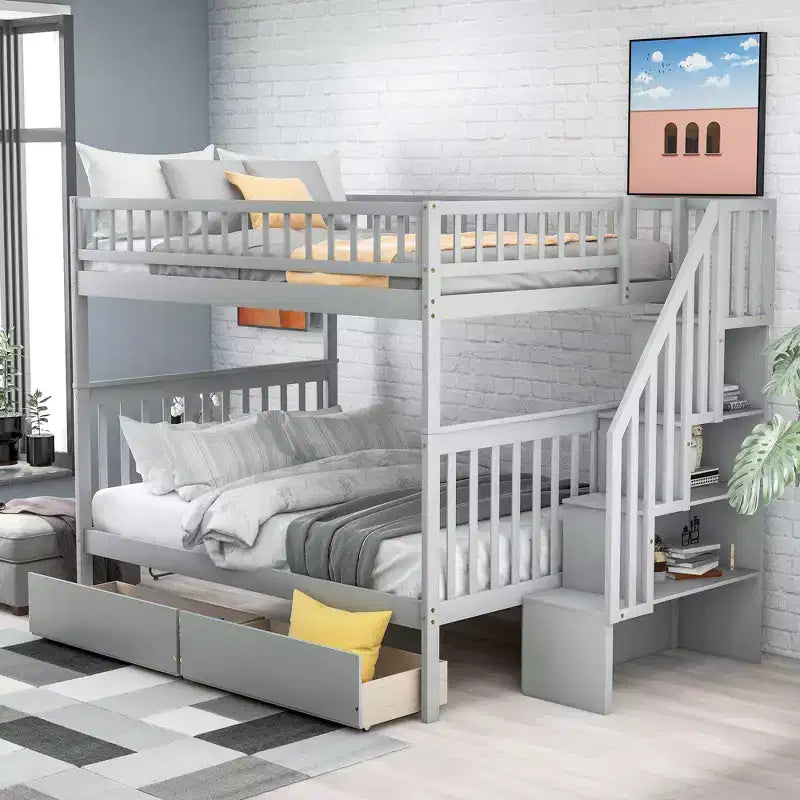 Stapelbed met twee tweepersoonsbedden, twee opberglades en opbergplanken, voor de slaapkamer van kinderen, tieners en volwassenen