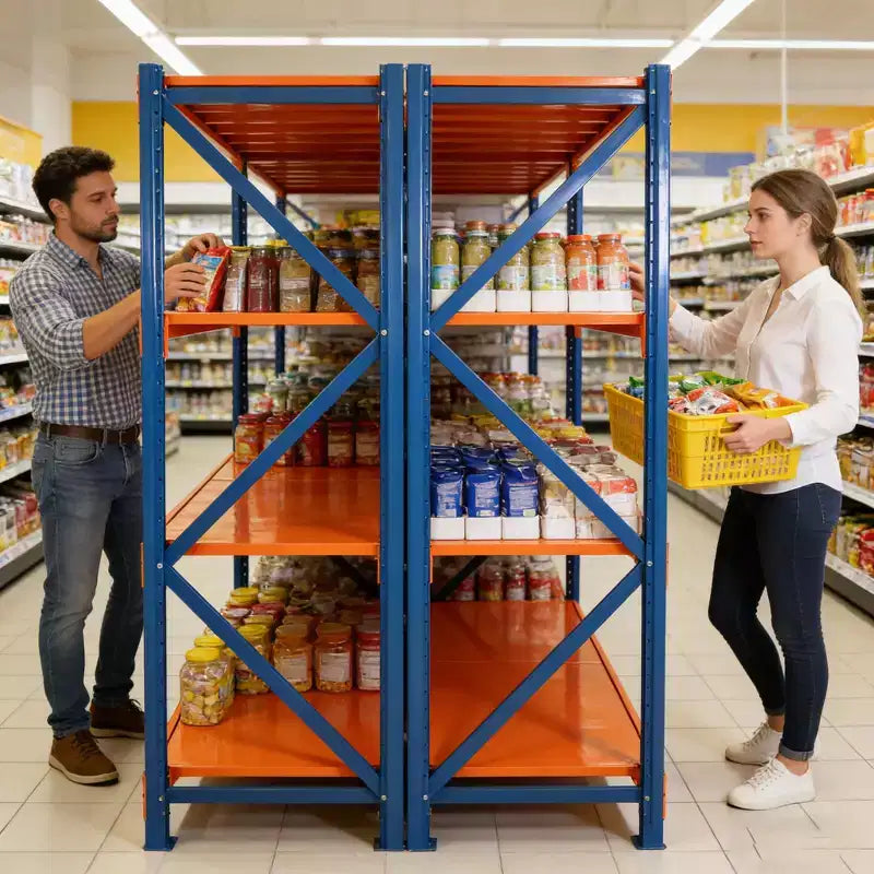 VIYET extra stevige garageschappen, verstelbare metalen stellingkast met 4 niveaus en een draagvermogen van 4400LBS, blauwe en oranje industriële opslag voor winkels, gereedschap en sportscholen