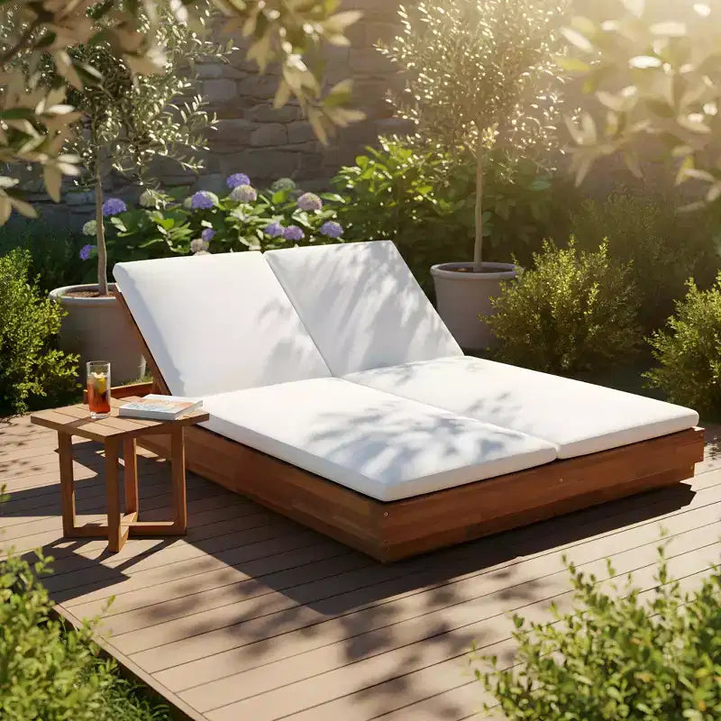 Modernes Doppel-Sonnenlounge-Set für die Terrasse aus Akazienholz Ming von Christopher Knight Home mit quadratischem Latten-Beistelltisch