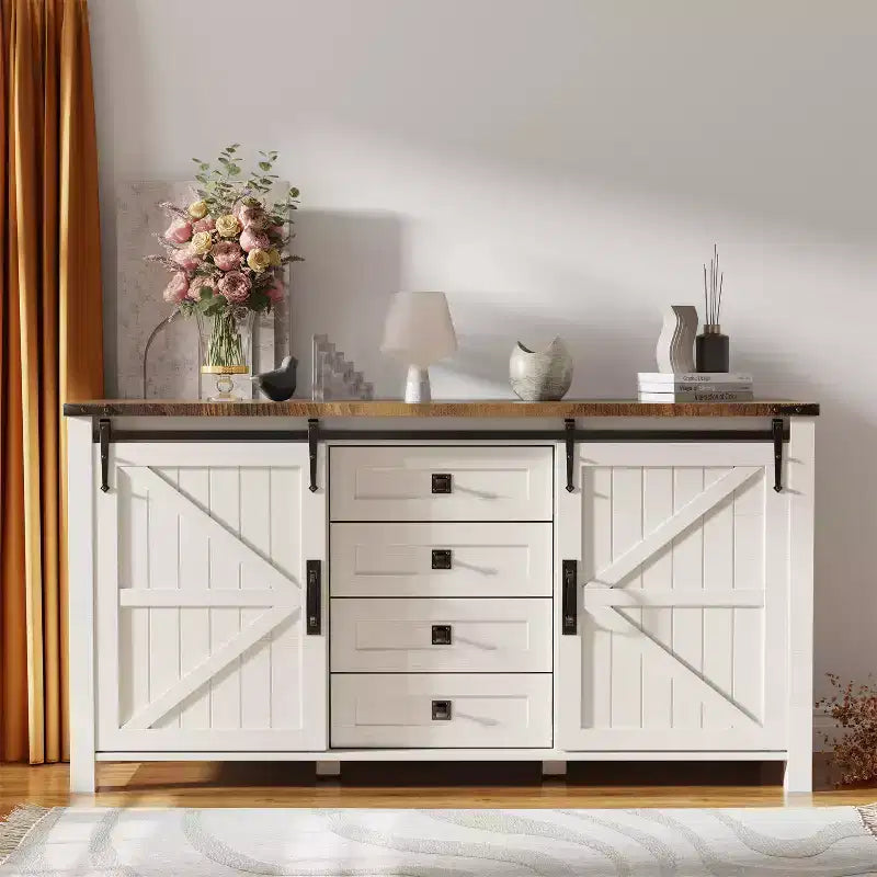 SinCiDo Schminktisch im Landhausstil, 60, mit Schiebetür im Scheunentor-Stil und 4 Schubladen, Schubladenschrank für Wohnzimmer, Schlafzimmer und Kaffeebar