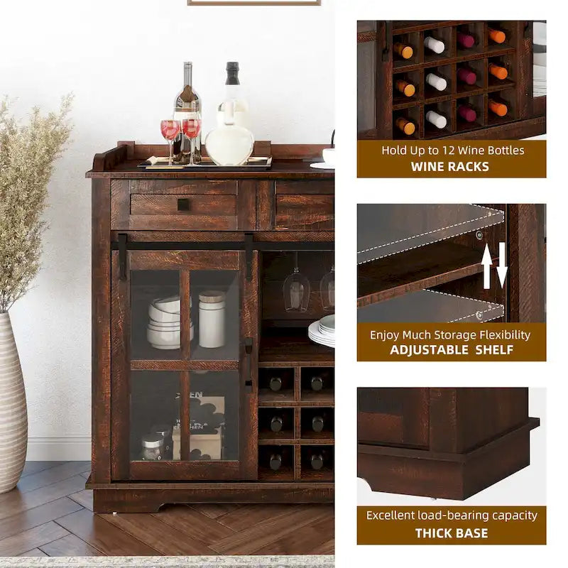 Credenza buffet con ante scorrevoli stile fienile da 53, portabottiglie e mobile contenitore per cucina