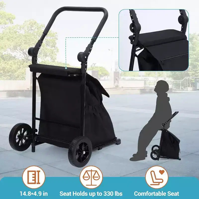 Carrello pieghevole Acekool 2-in-1 con borsa impermeabile rimovibile, cuscino di seduta spesso e manico regolabile antiscivolo, nero