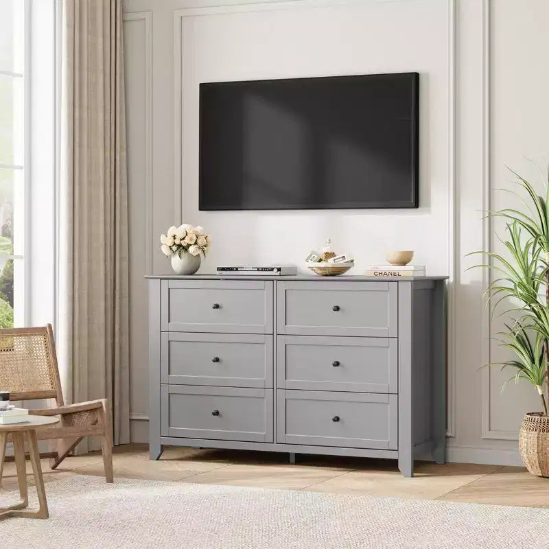 Kommode mit 6 Schubladen fürs Schlafzimmer, große Kommode mit tiefen Schubladen und Metallgriffen, moderne Holzkommode für Eingangsbereich und Flur