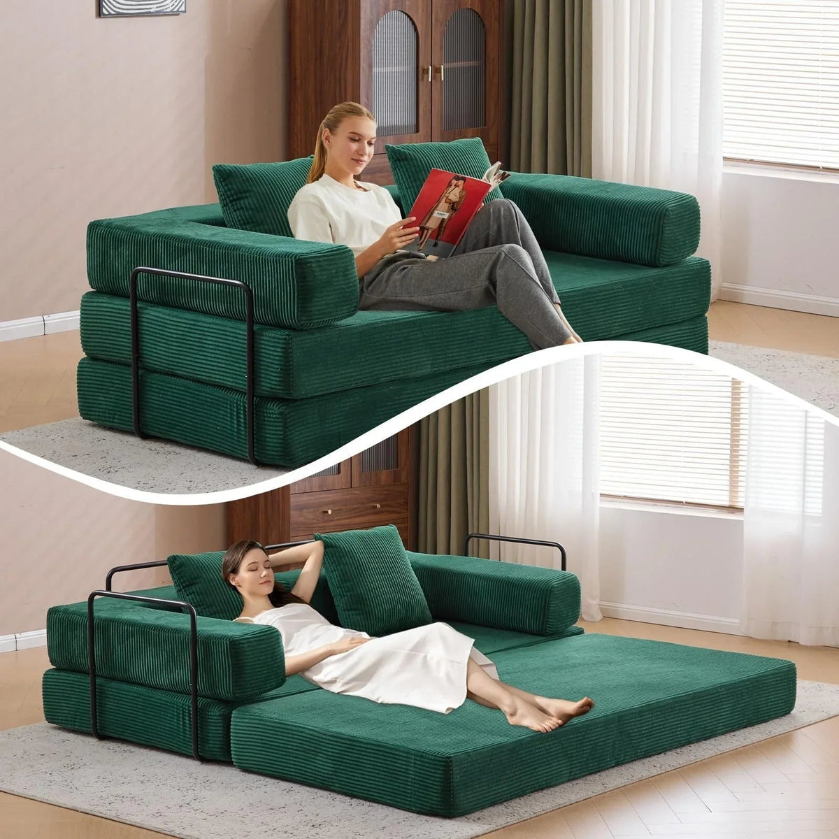 Canapé-lit convertible de sol avec dossier à coussins en tissu chenille, pour salon et chambre