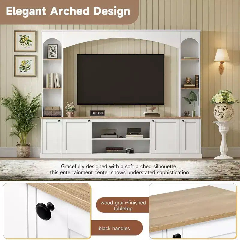 Whisen 91 Medienkonsole, geschwungene Entertainment-Center-Wandeinheit, TV-Schrank im Landhausstil mit Bücherregal in Holzoptik für Fernseher bis zu 70