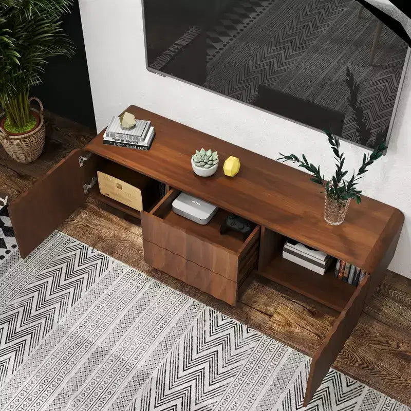Mobile TV JVNOXK da 58 pollici, design a spirale ondulata di metà secolo, con armadietto contenitore e due cassetti, adatto per soggiorno o camera da letto, noce