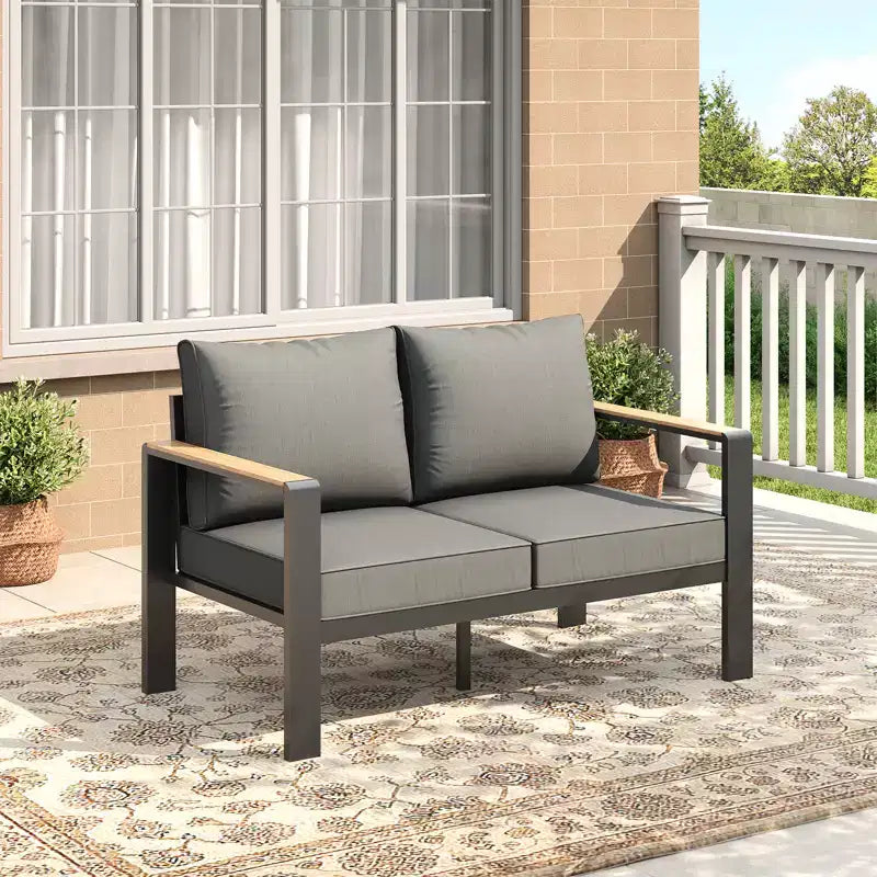 Ensemble de mobilier de patio en aluminium, canapé d’angle d’extérieur avec 5 coussins épais, 4 accoudoirs et table basse pour le jardin, la terrasse ou la cour